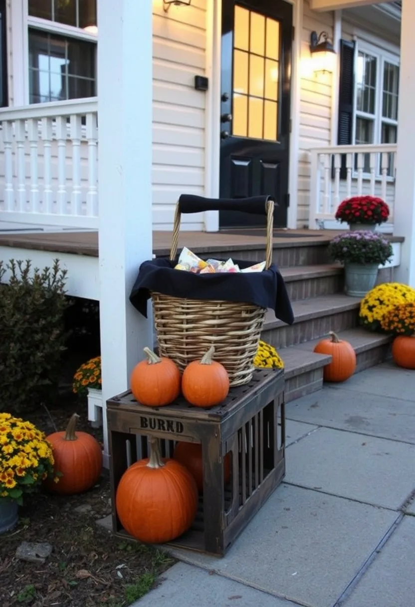 Wicker candy basket with orange pumpkins on porch: cheap halloween decorations solving doorbell problem