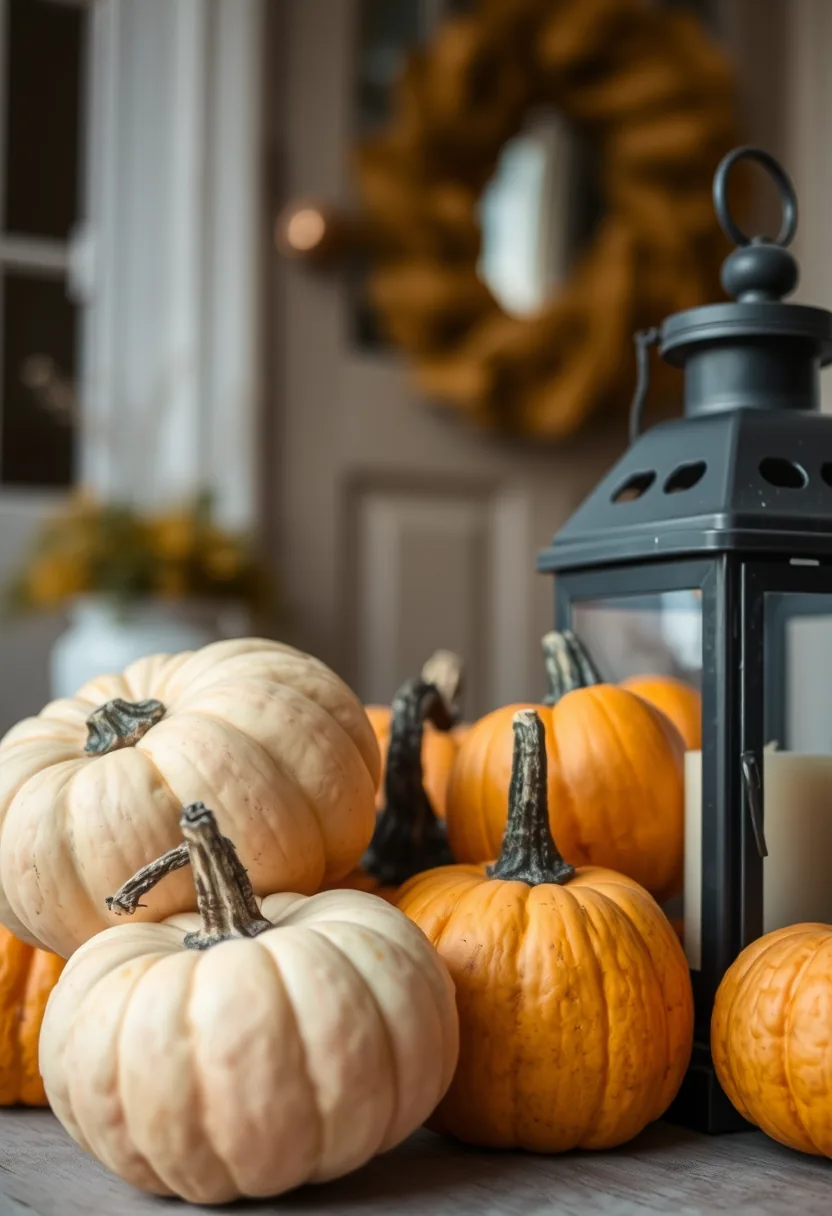 White and orange pumpkins grouped with black lantern for last minute halloween centerpiece