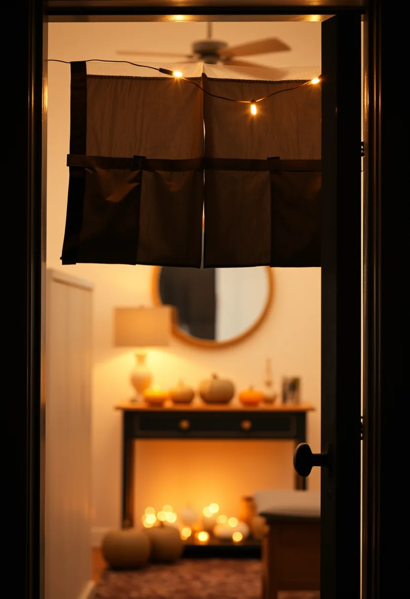 Black plastic bags taped to porch ceiling with warm string lights for last minute halloween atmosphere