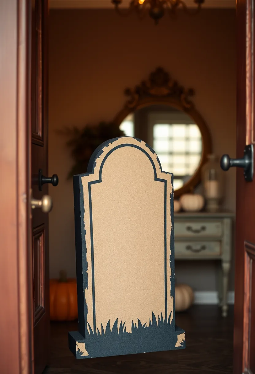 Cardboard tombstone with black outline and grass, last minute halloween you can cut and stake in one evening