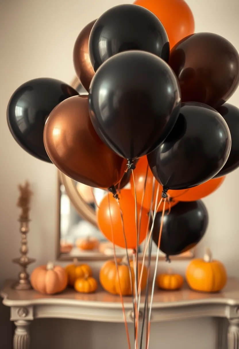 Black, orange, and bronze shiny balloons grouped in corner for last minute halloween quick room decorating