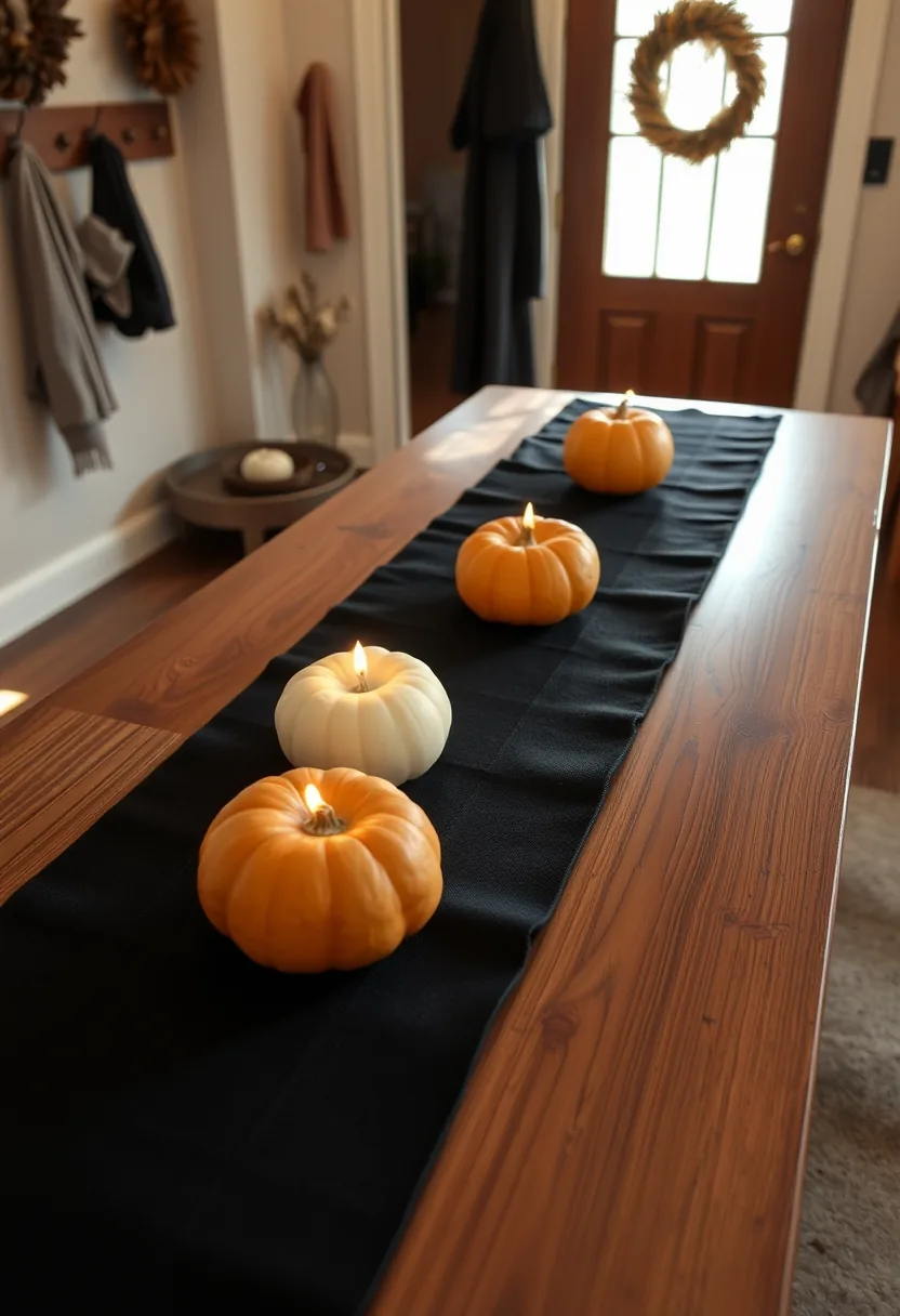 Last minute Halloween dining table with black runner and lit pumpkins, minimal easy decor on wooden furniture