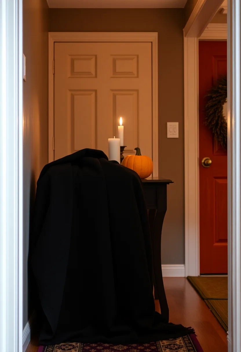 Black fabric over side table hides clutter for last minute halloween decor with pumpkin and candle