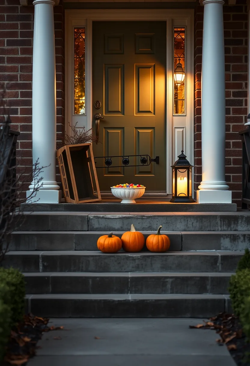 Front porch candy bowl on a crate in front of the closed door with a lantern and two pumpkins