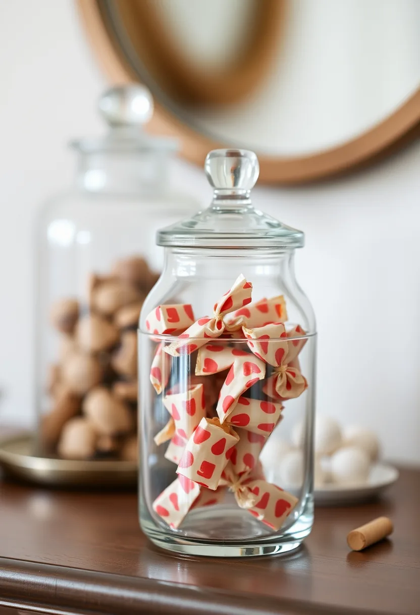 Glass jar filled with red and white peppermint candy, last minute halloween decoration