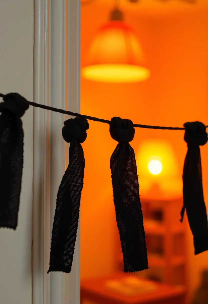 Torn black fabric strips knotted along a string and hung across the top of a door frame