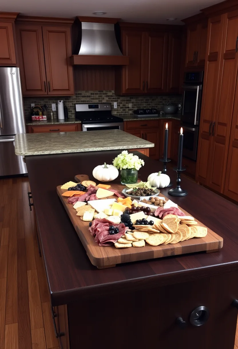 Halloween charcuterie board with meats, cheeses, crackers and berries, properly sized for entertaining guests