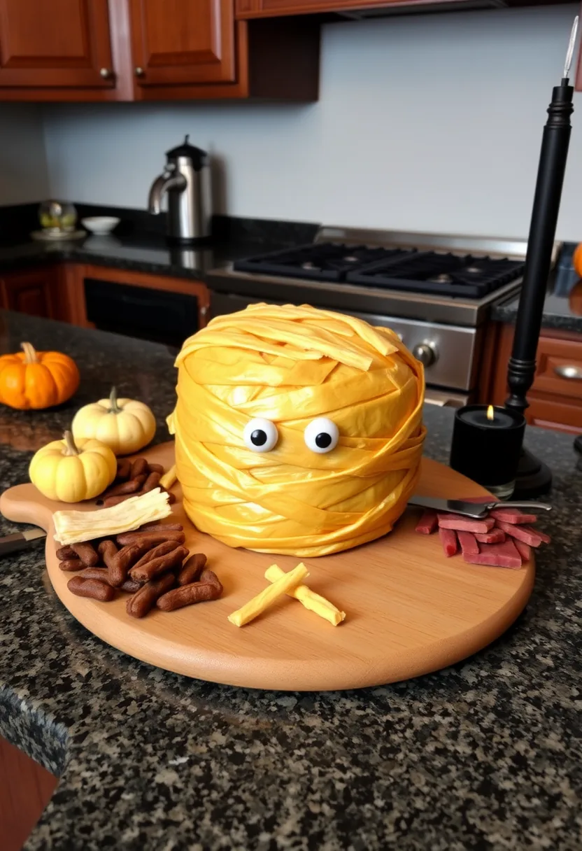 Mummy-wrapped cheese round with googly eyes on halloween charcuterie board surrounded by crackers and pumpkins