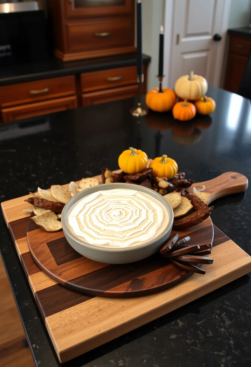 Cream spider web dip in ceramic bowl with crackers, pretzels, mini pumpkins on halloween charcuterie board