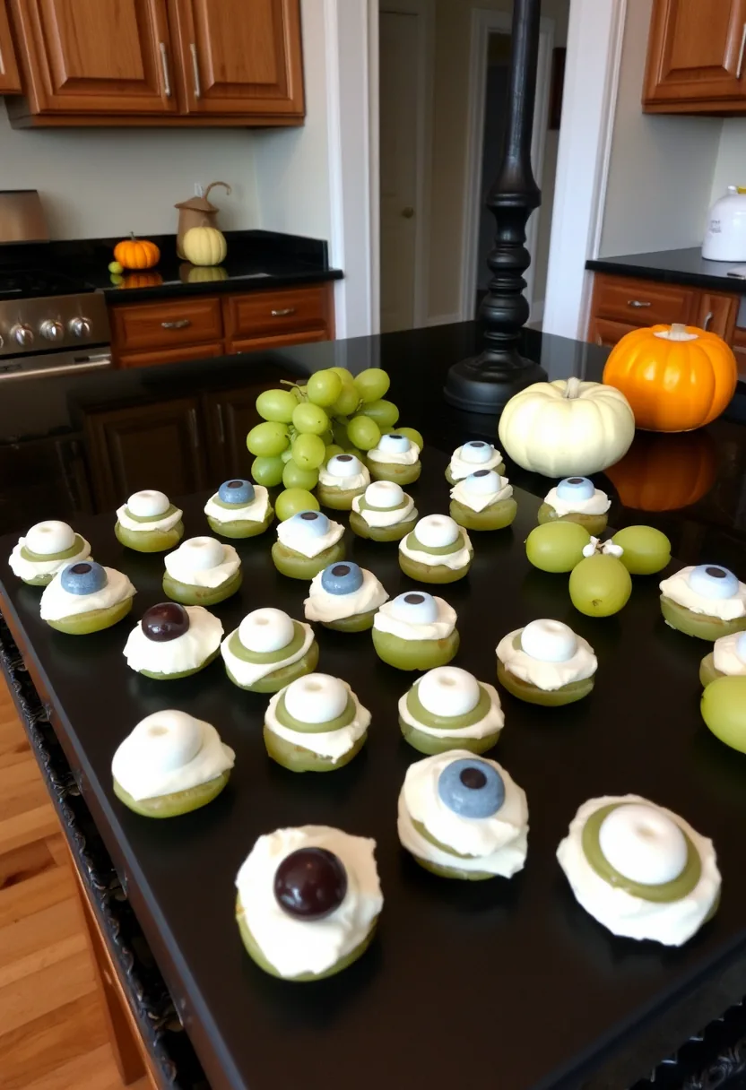 Grape eyeballs frosted white with blue candy eyes on Halloween charcuterie board for entertaining crowds