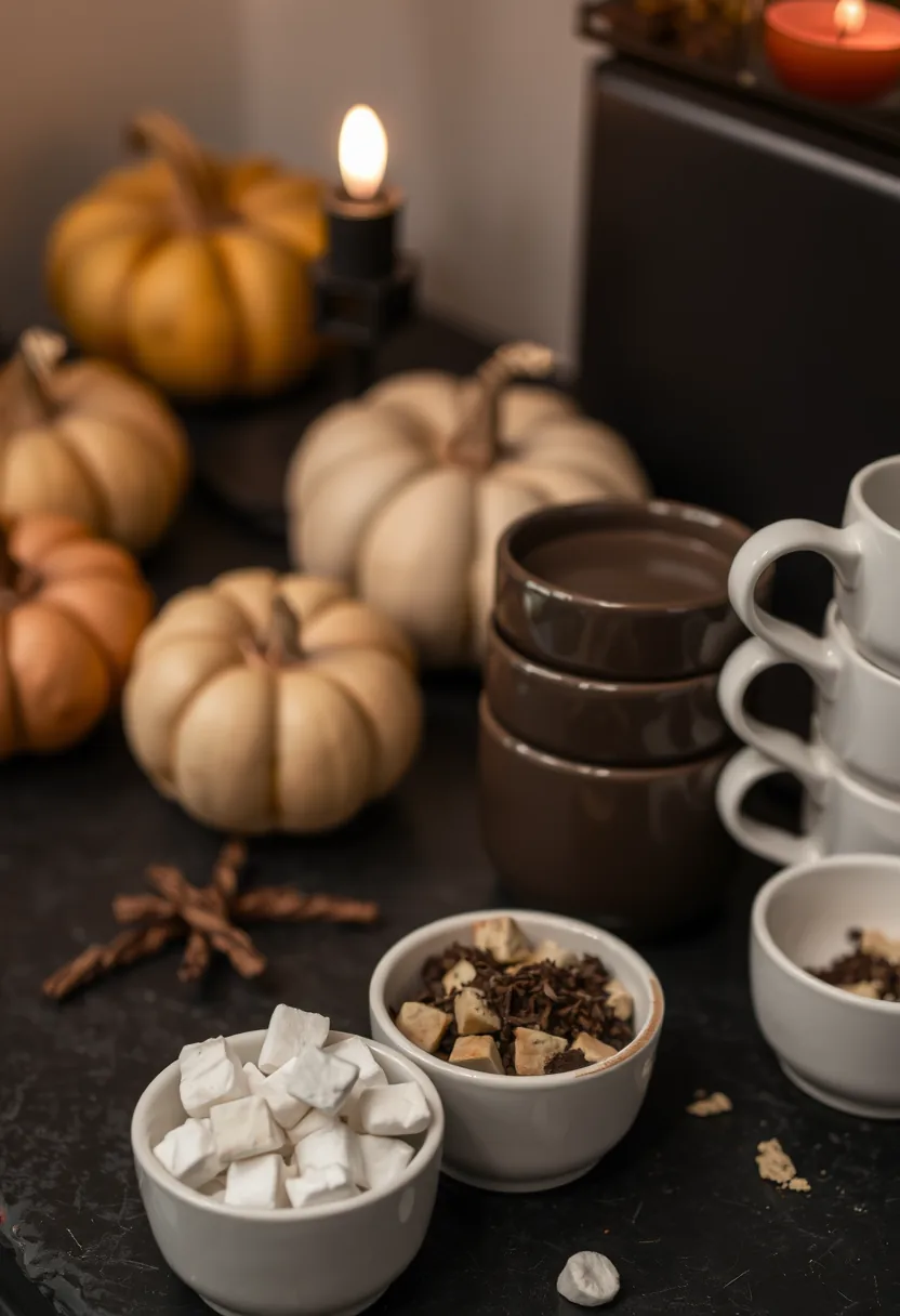 White mugs with cocoa toppings and marshmallows, pumpkins and candles for halloween charcuterie board handoff
