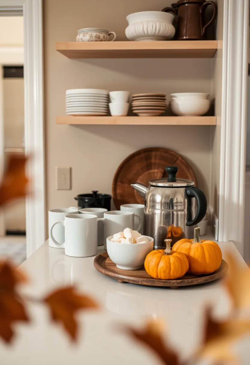 Cocoa station with thermal pot, white mugs, marshmallows and mini pumpkins for halloween charcuterie board
