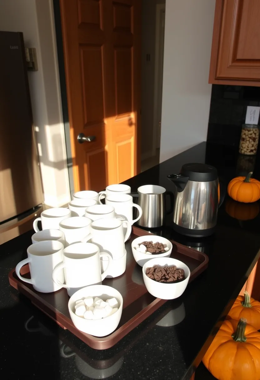 Halloween charcuterie board cocoa station with white mugs, marshmallows, chocolate on wooden tray, pumpkins