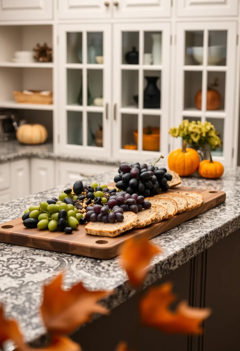 Witch kitchen Halloween charcuterie board with black, red and green grapes, crackers, pumpkins on granite