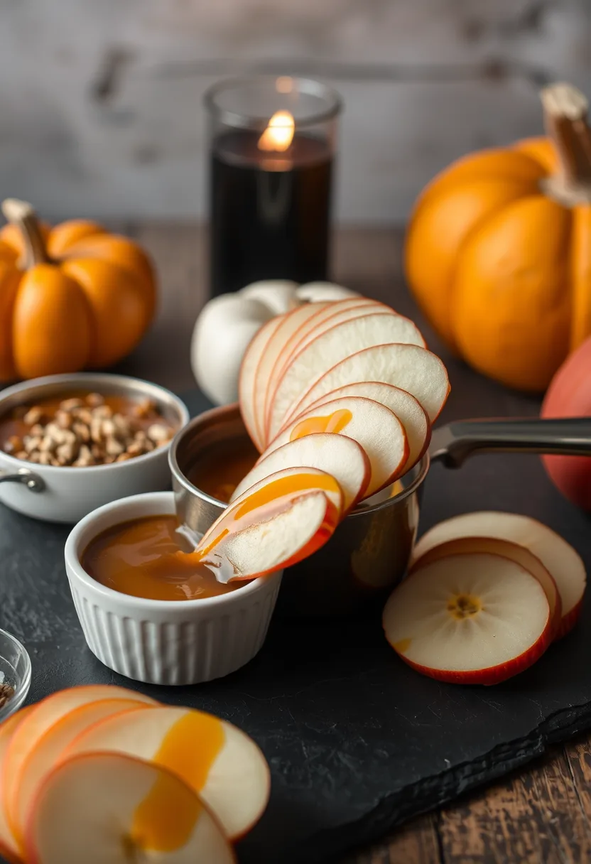 Apple slices with caramel wraps, dipping bowls on halloween charcuterie board with pumpkins and candle