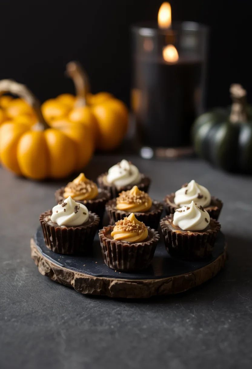 Chocolate cupcakes with white and caramel frosting on halloween charcuterie board with pumpkins and candles