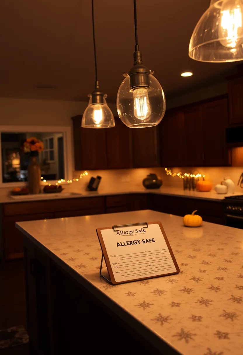 Allergy-safe halloween charcuterie board with cream-patterned table, label card, pumpkins and pendant lighting