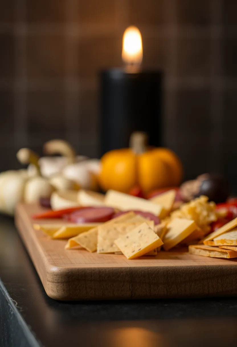Wooden halloween charcuterie board with cheese, crackers, lit candle, positioned away from guest traffic flow