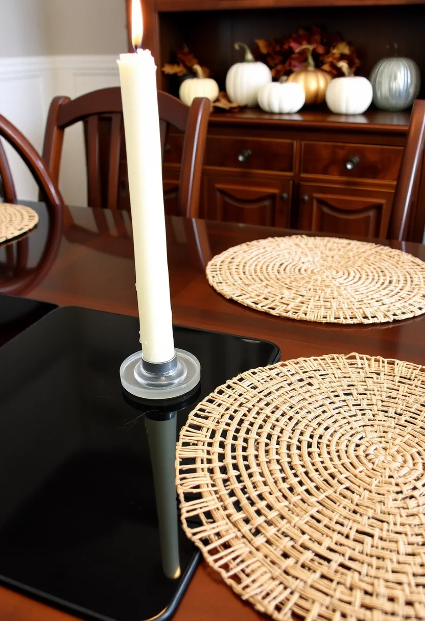 halloween placemats: Lit cream candle in glass holder on black vinyl halloween placemat, woven mats at dining table