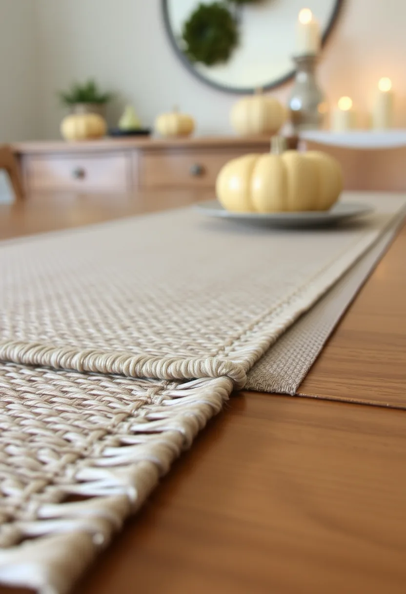 Cream woven halloween placemats with fringe layered over grey table runner on wood, autumn pumpkin decor visible