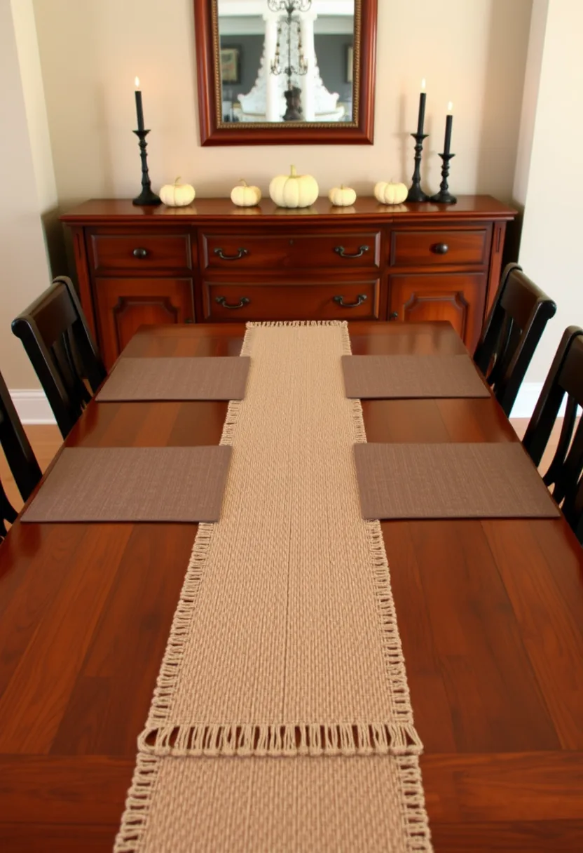 Cream runner layered over brown halloween placemats on mahogany table, white pumpkins and black candles behind