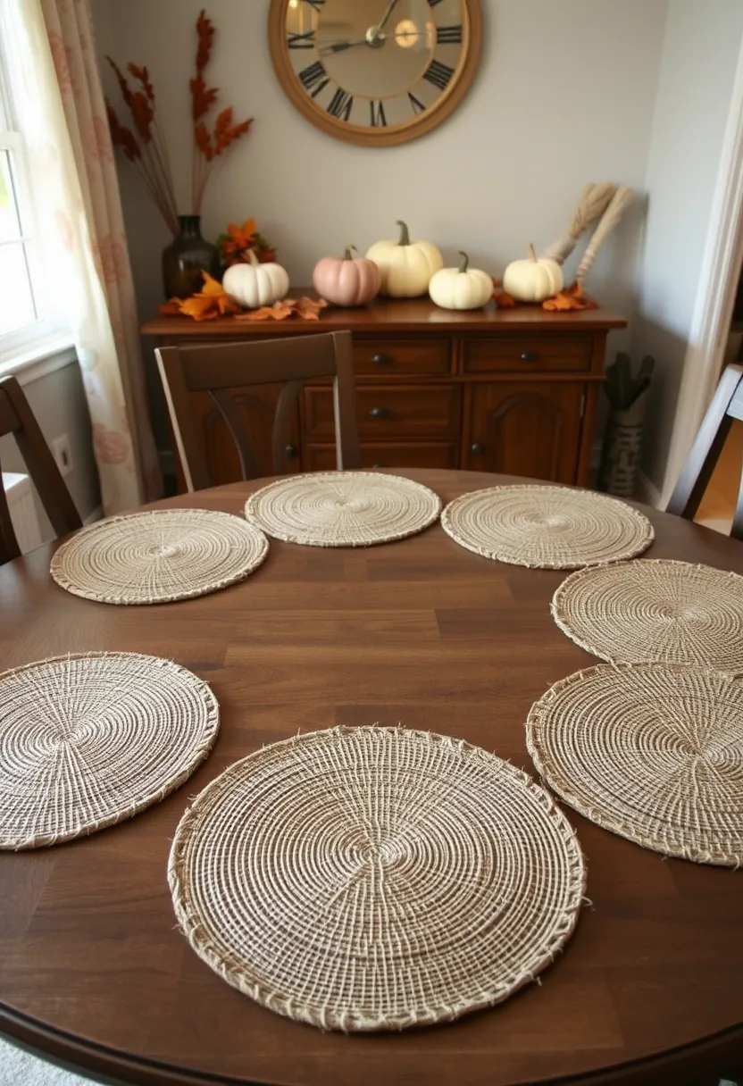 Round wooden table with tan woven halloween placemats arranged showing proper spacing for round table