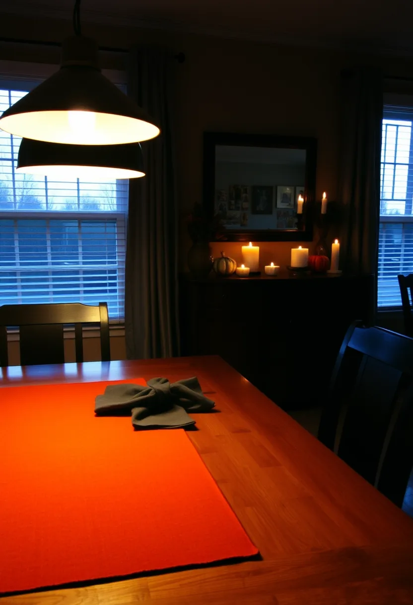Burnt-orange halloween placemats with black napkins on modern dining table under contemporary pendant lighting