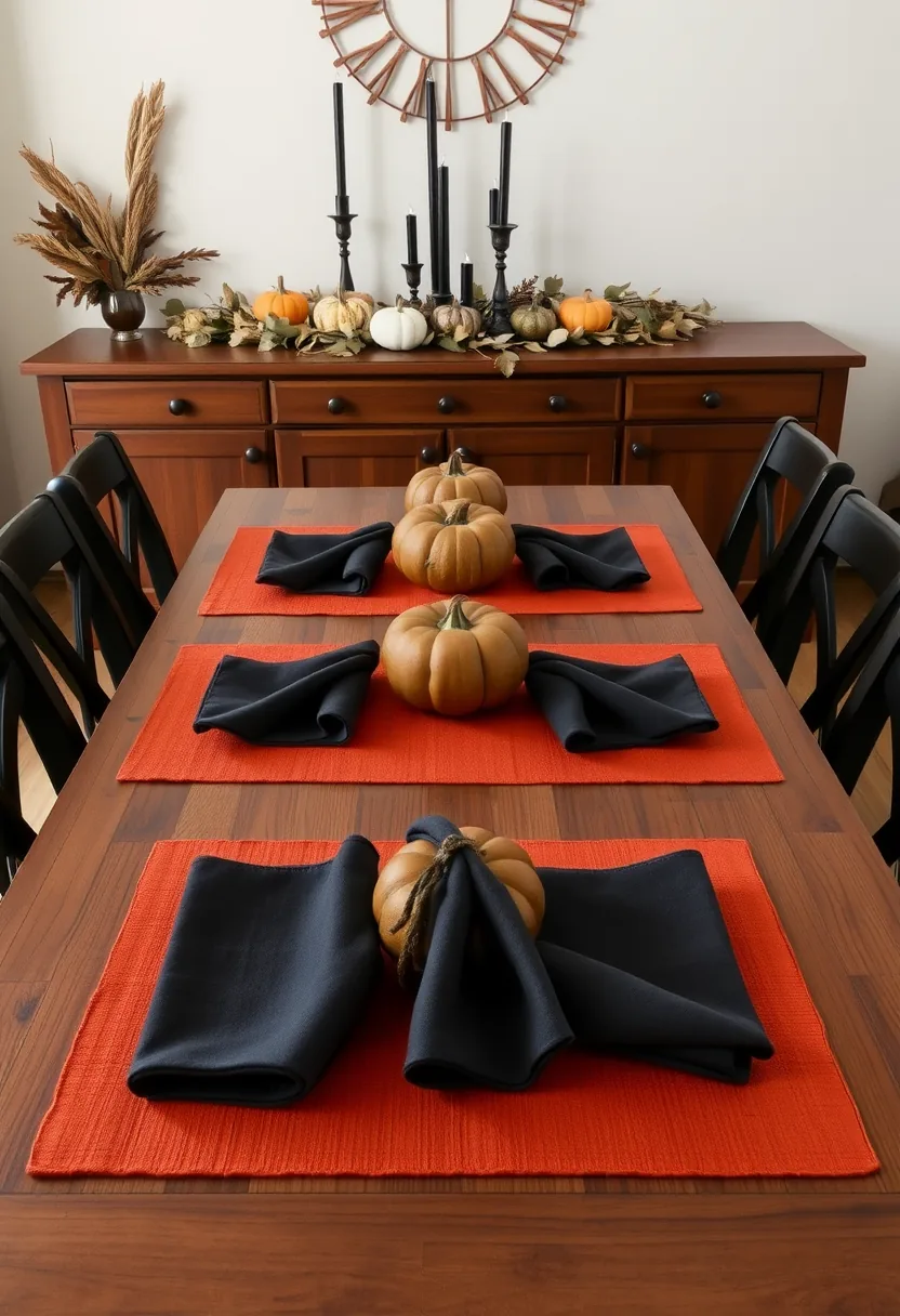 Burnt orange halloween placemats with black napkin bows, real pumpkins, sophisticated fall table