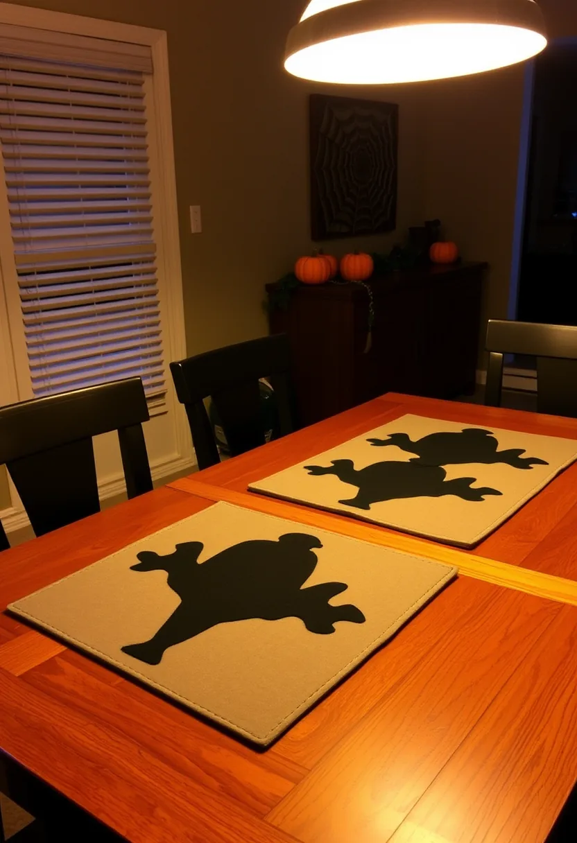 Tan felt halloween placemats with hand-cut black ghost and witch silhouettes set on dining table