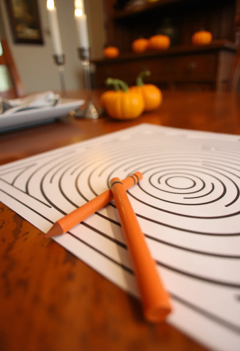 Printable halloween placemats activity with orange markers, concentric circle maze on wood table