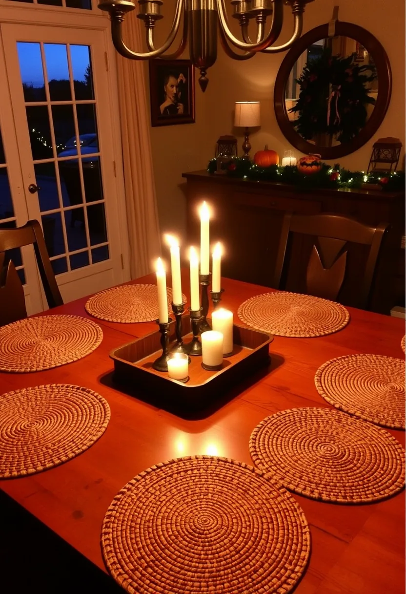 Woven halloween placemats on red table with candelabra, hot wax risk on natural fiber material