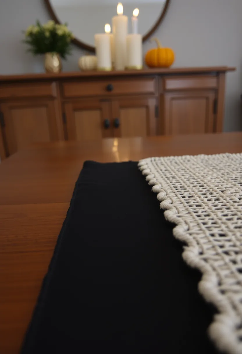 Light cream woven halloween placemats with white fringe on dark tablecloth