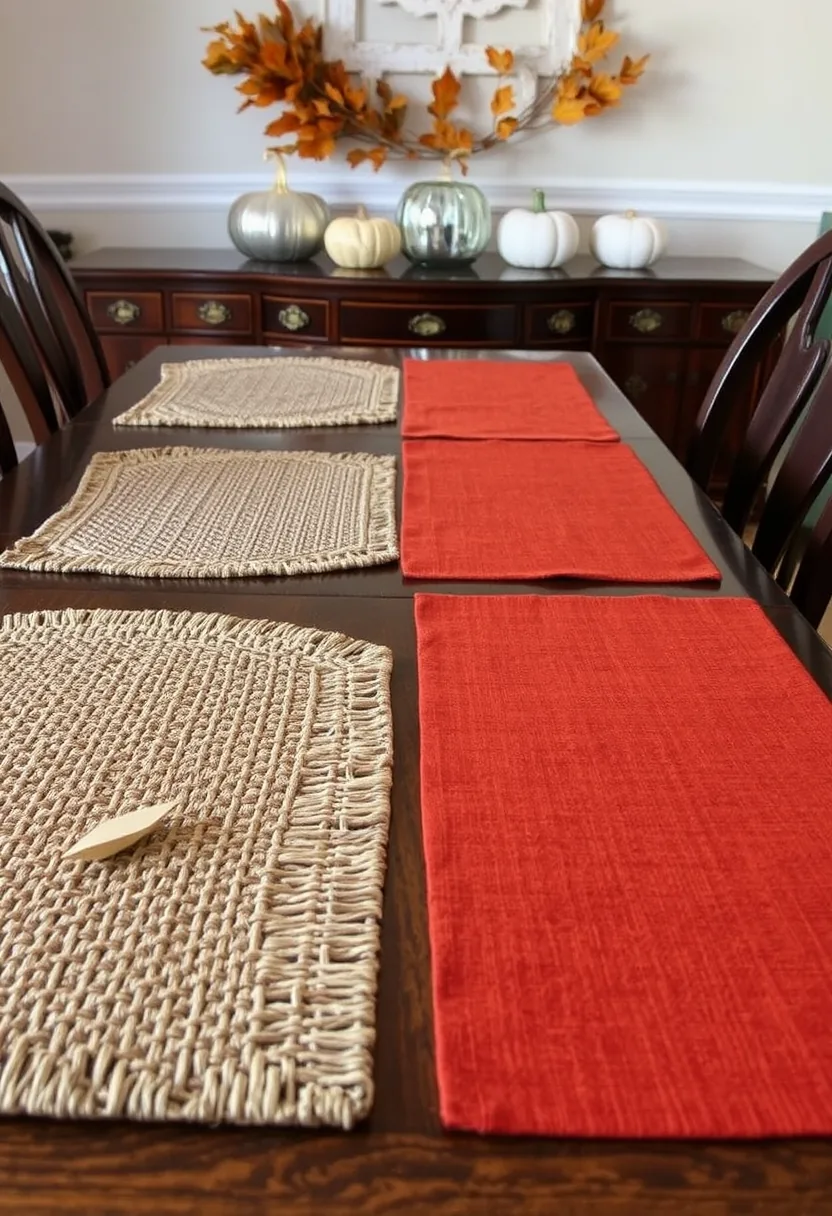 Beige woven and red halloween placemats, not enough for all guests on wooden table with autumn pumpkins