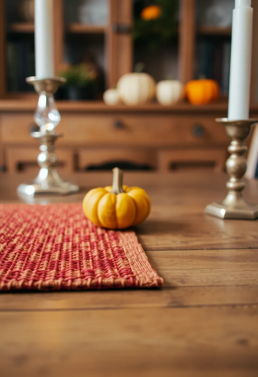 Rust-woven halloween placemats with orange pumpkin and white candles, warm autumn colors for October to November
