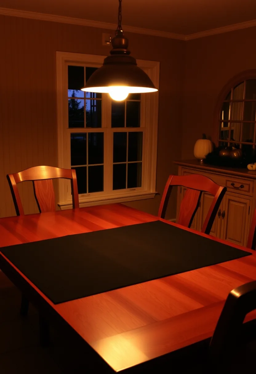 Reversible halloween placemats with bright orange and black sides on wooden dining table with red chairs