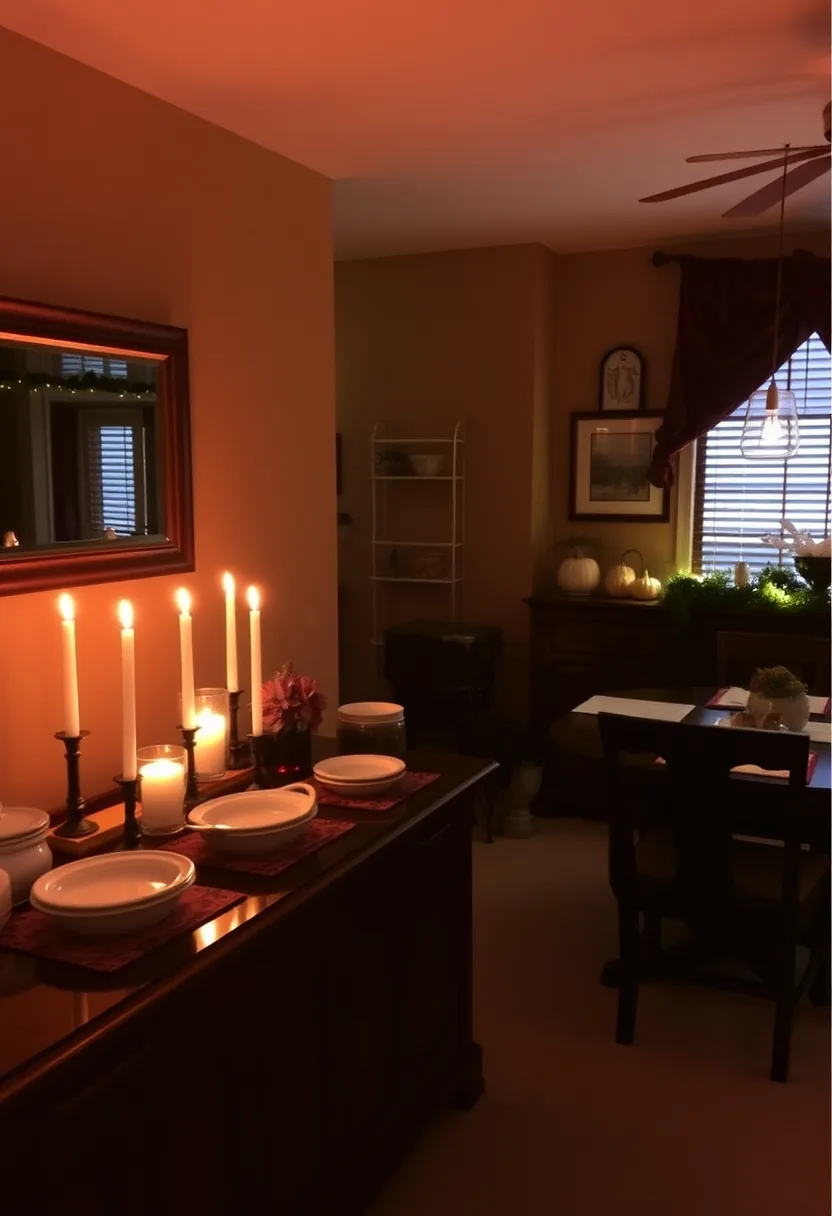 Burgundy halloween placemats on buffet table with white dishes and tall candles in candlelit home interior