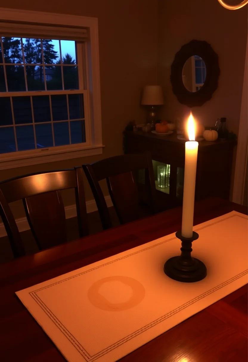 halloween placemats: Halloween placemat with candle at formal table, highlighting post-meal wax and chocolate cleanup