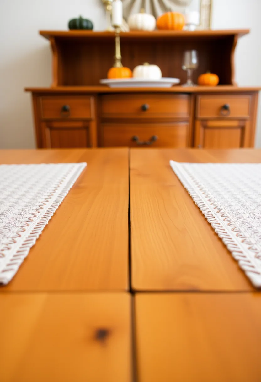 Wooden bench table with cream halloween placemats showing spacing changes, dresser with pumpkins in background