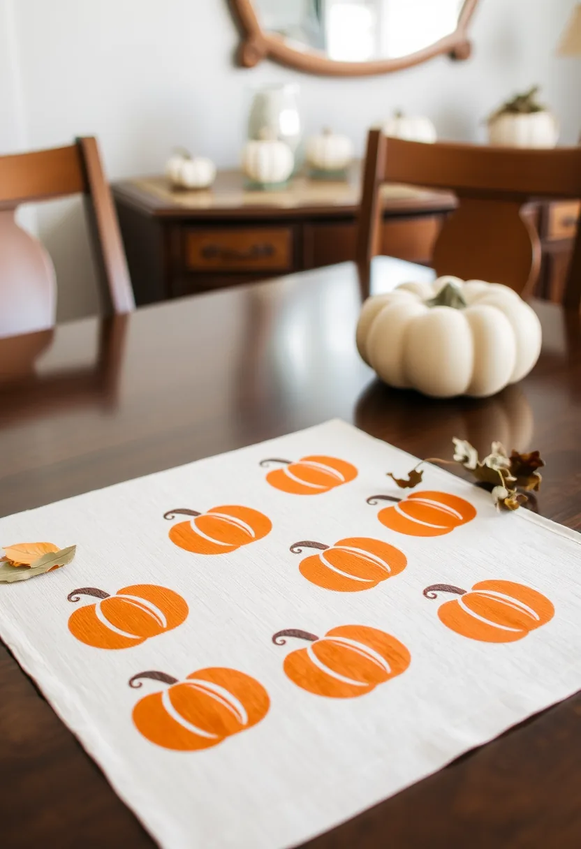 White halloween placemats decorated with orange pumpkins and brown stems on dark wood table