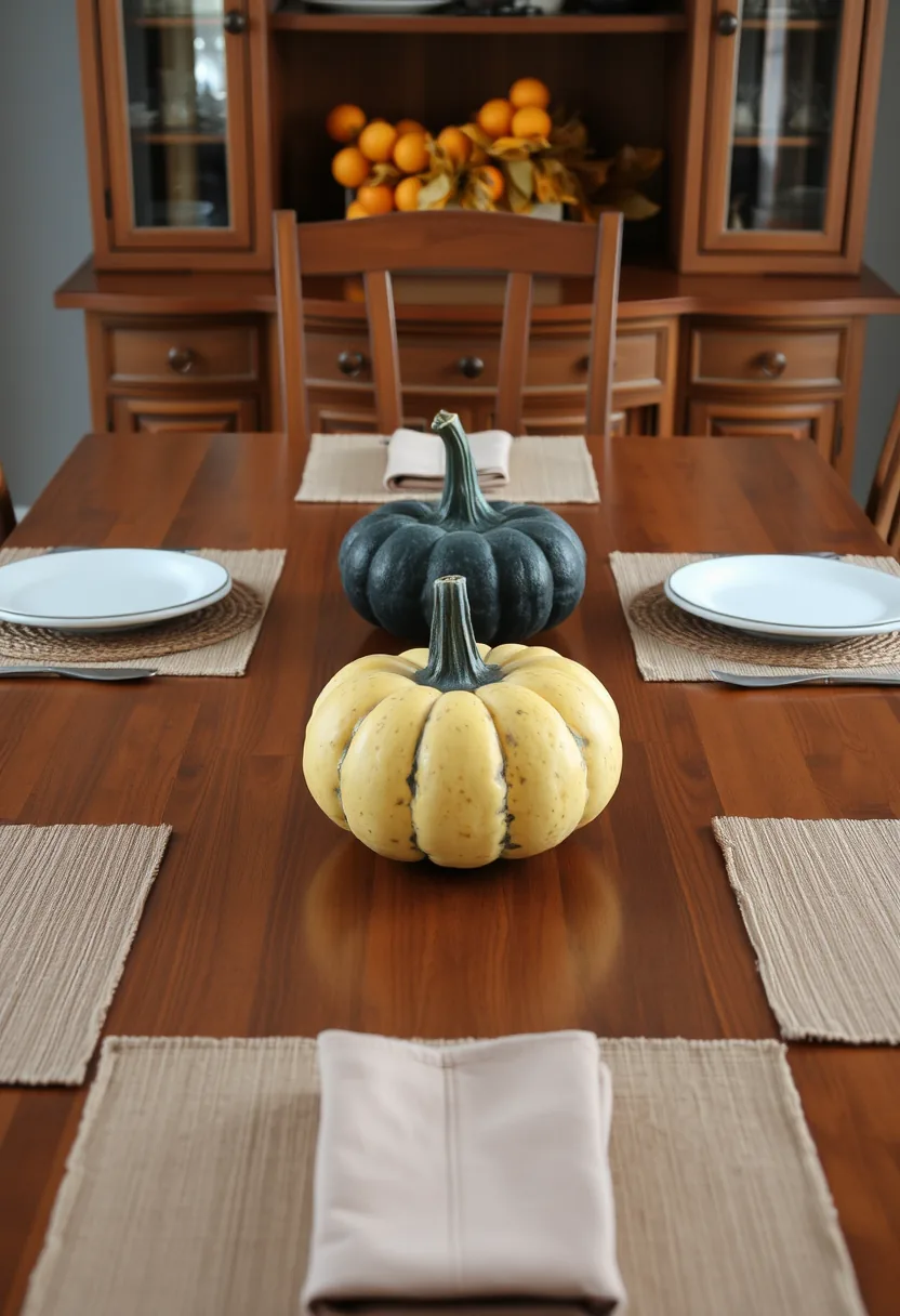 Cream pumpkin halloween placemats with open space, teal pumpkin, white plates, wooden table, brown hutch